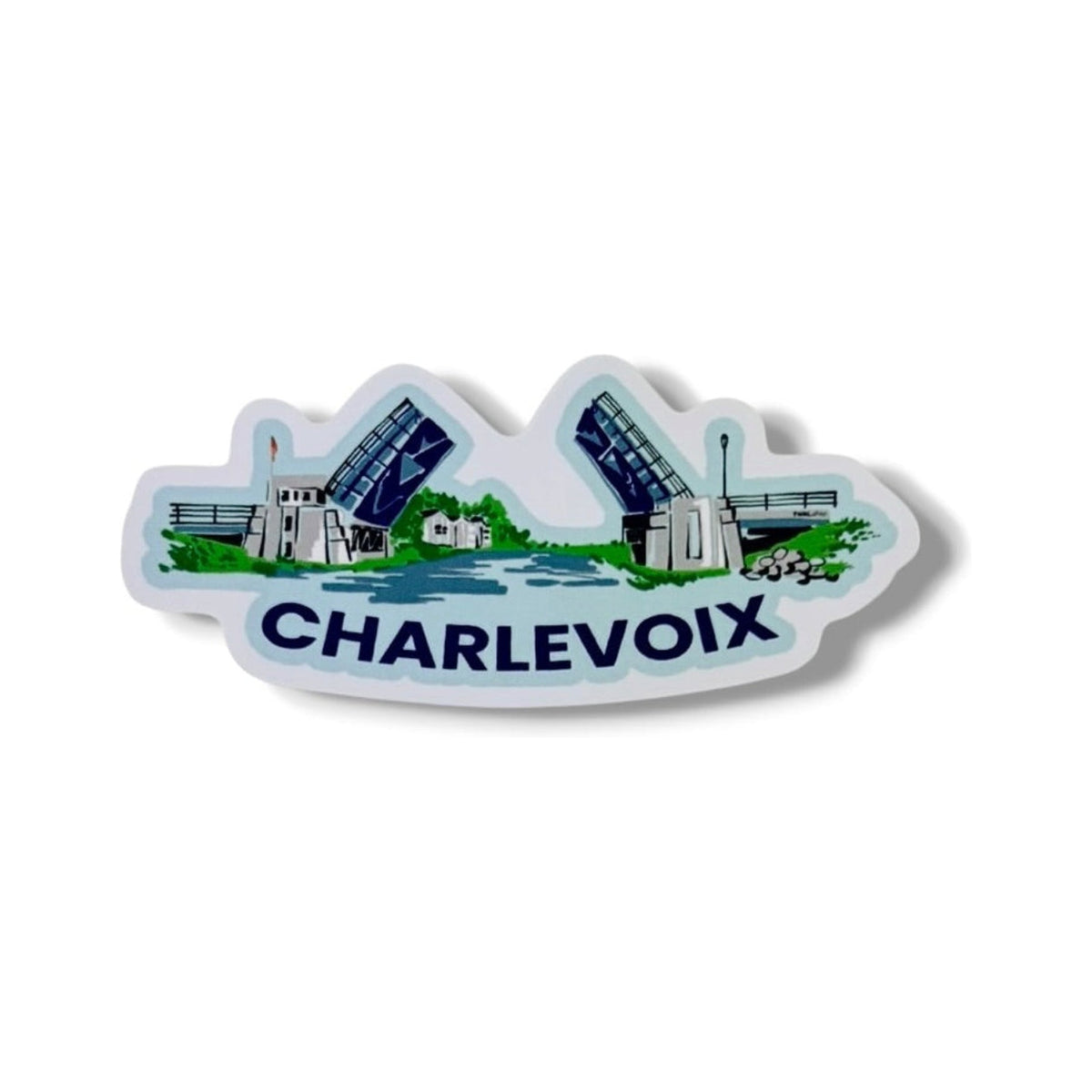 Drawbridge 3-inch vinyl sticker by TWAL: the Charlevoix drawbridge raised over blue water and green shoreline, with CHARLEVOIX below, Charlevoix Pop Art Collection