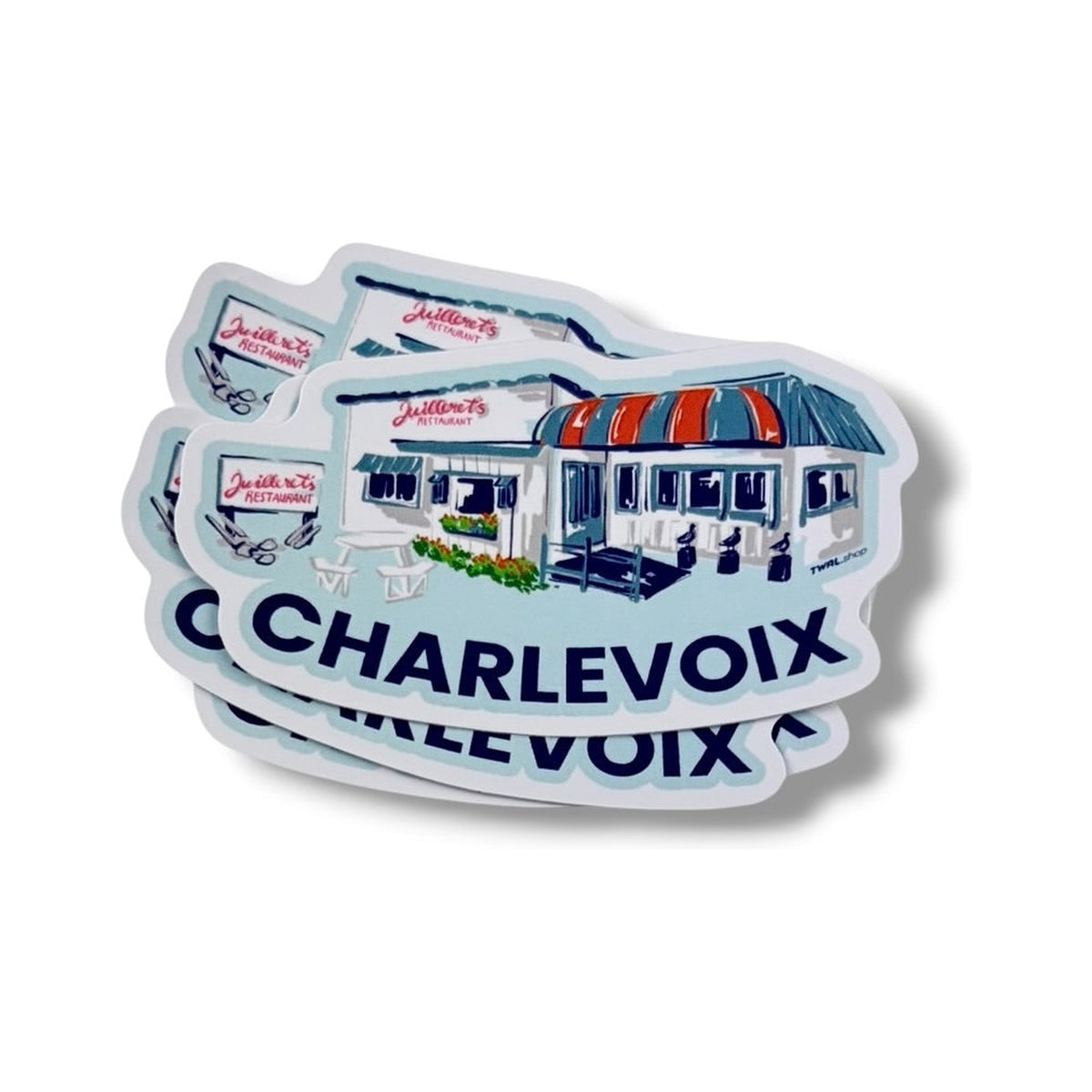 Stack of Juilleret's 3-inch vinyl stickers by TWAL