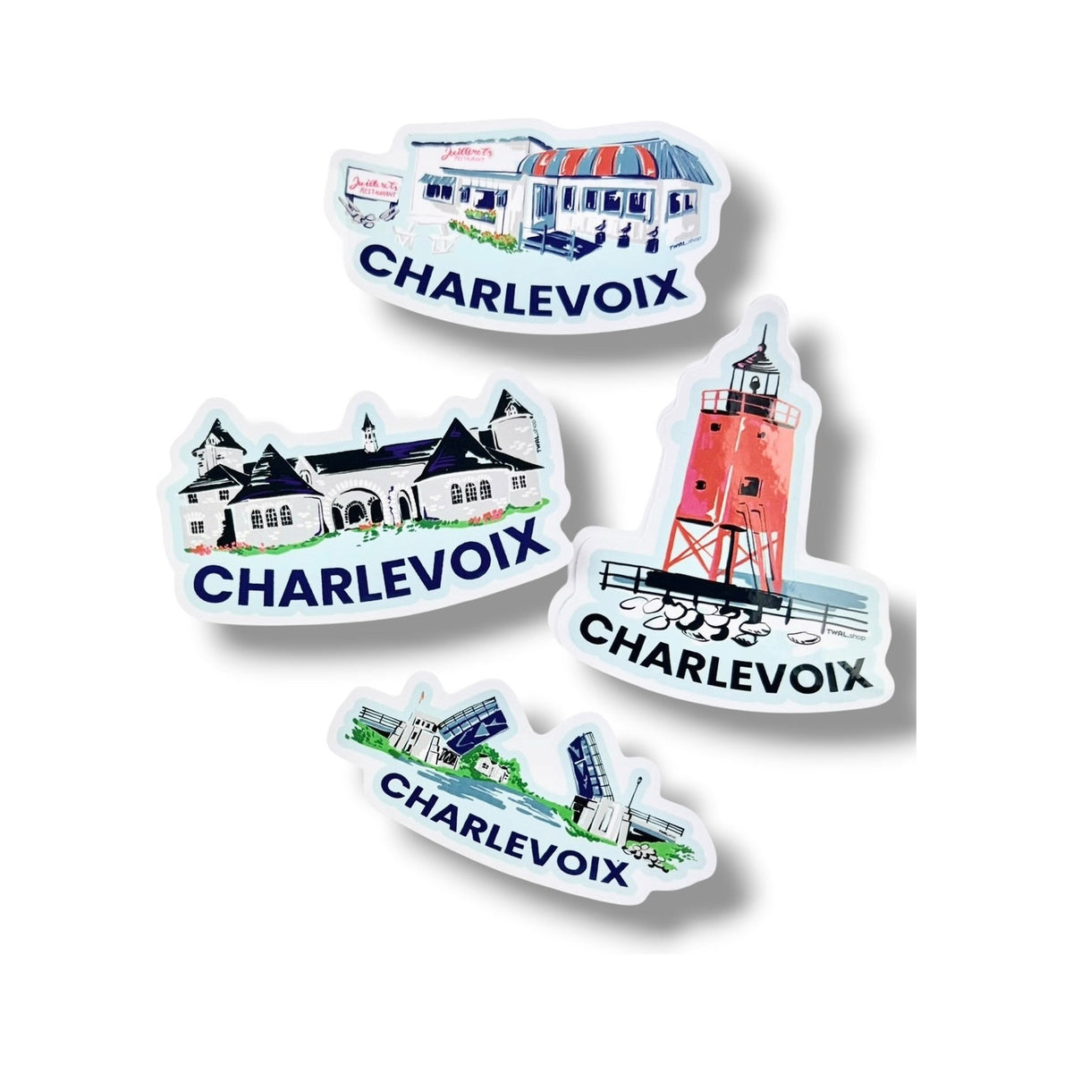 Four Charlevoix Pop Art vinyl stickers by TWAL: Juilleret's, Castle Farms, South Pier Lighthouse and Drawbridge