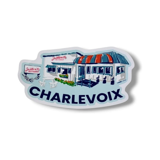 Juilleret's 3-inch vinyl sticker by TWAL: the white Charlevoix diner with a red and white striped awning and its Juilleret's Restaurant sign, with CHARLEVOIX below, Charlevoix Pop Art Collection