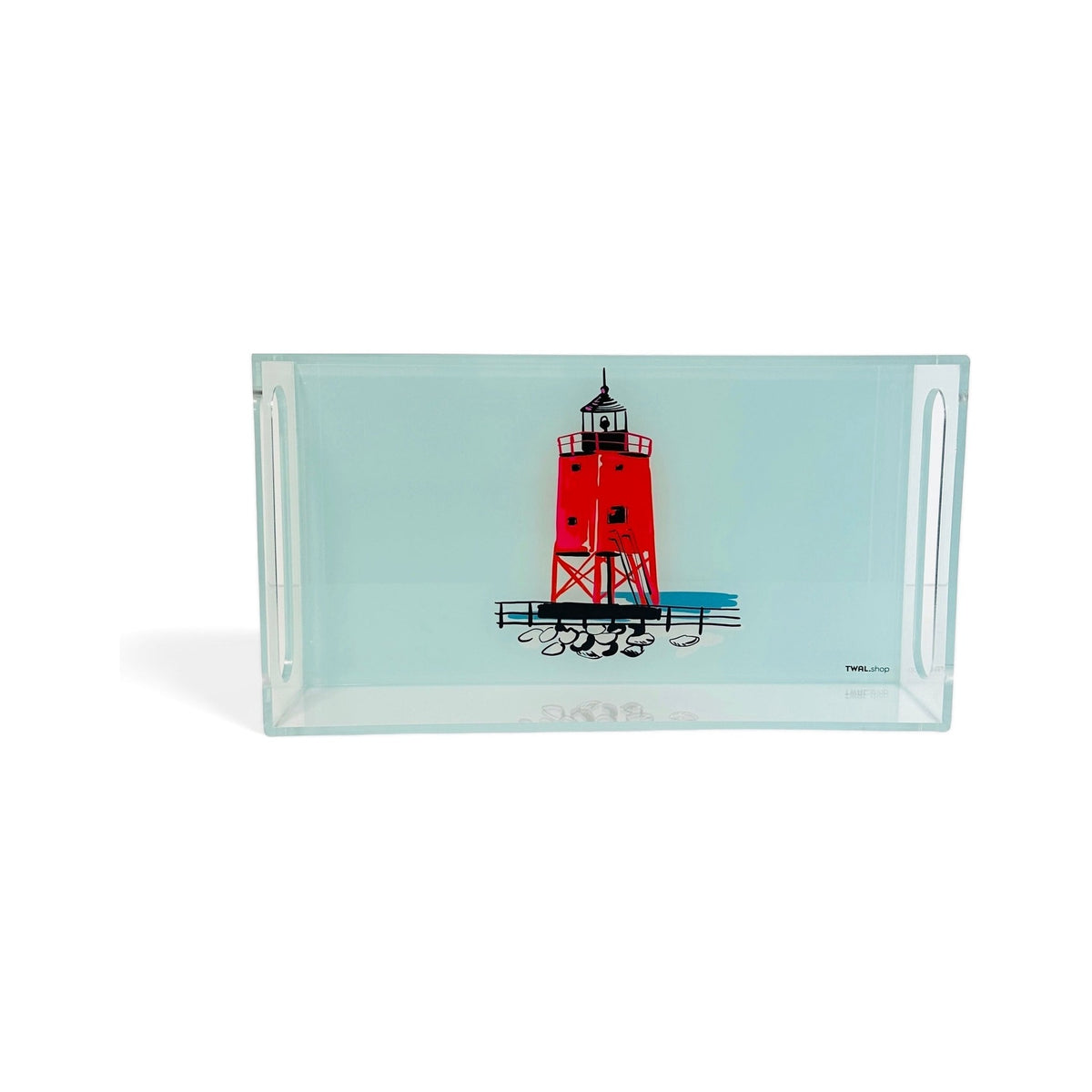 Small clear lucite tray by TWAL with cut-out handles, printed with the red South Pier Lighthouse on a light mint background, Charlevoix Pop Art Collection