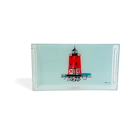 Small clear lucite tray by TWAL with cut-out handles, printed with the red South Pier Lighthouse on a light mint background, Charlevoix Pop Art Collection