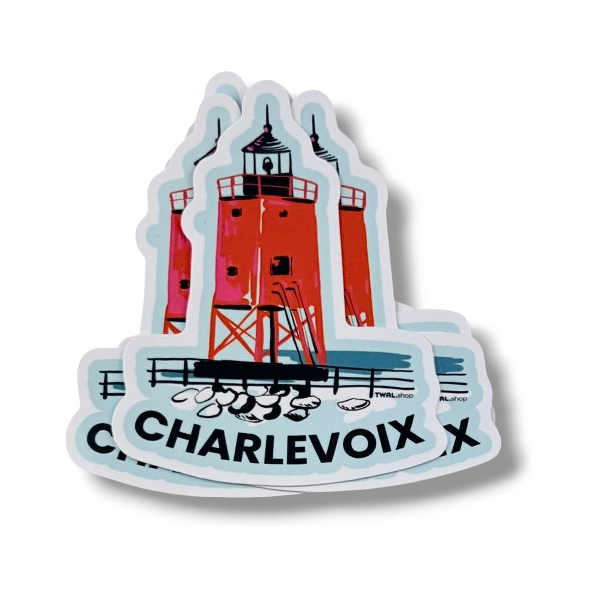 Stack of South Pier Lighthouse 3-inch vinyl stickers by TWAL