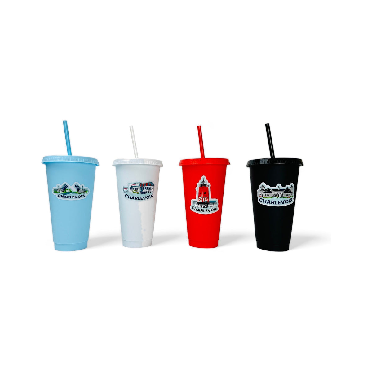 Charlevoix Pop Art vinyl stickers by TWAL on four tumblers in light blue, white, red and black