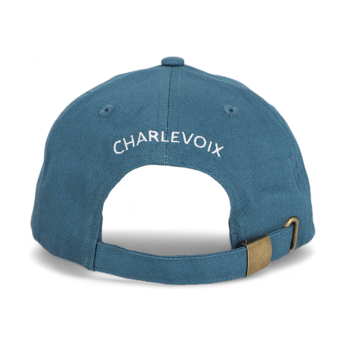 Back of the South Pier Lighthouse petite fit cotton baseball cap by TWAL in Great Lakes Blue, with CHARLEVOIX embroidered in white above the adjustable strap