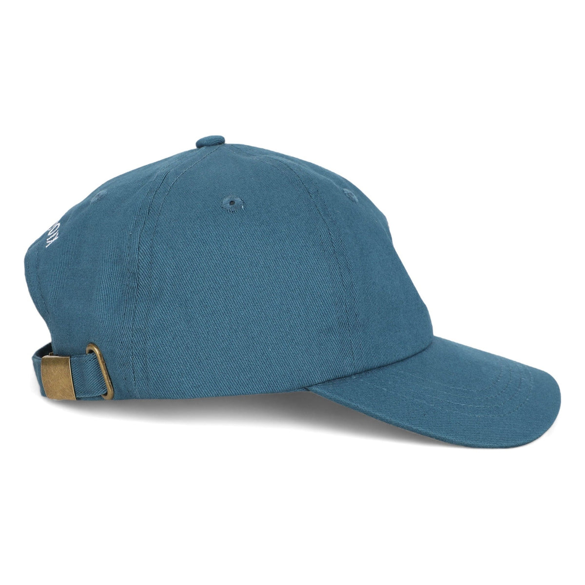 Side view of the South Pier Lighthouse regular fit cotton baseball cap by TWAL in Great Lakes Blue, showing the adjustable strap with brass clasp