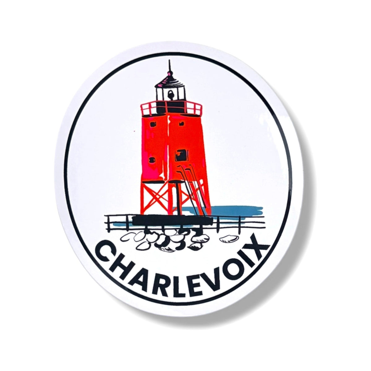 South Pier Lighthouse 5-inch oval vinyl sticker by TWAL: the red pier lighthouse inside a black oval border, with CHARLEVOIX below, Charlevoix Pop Art Collection