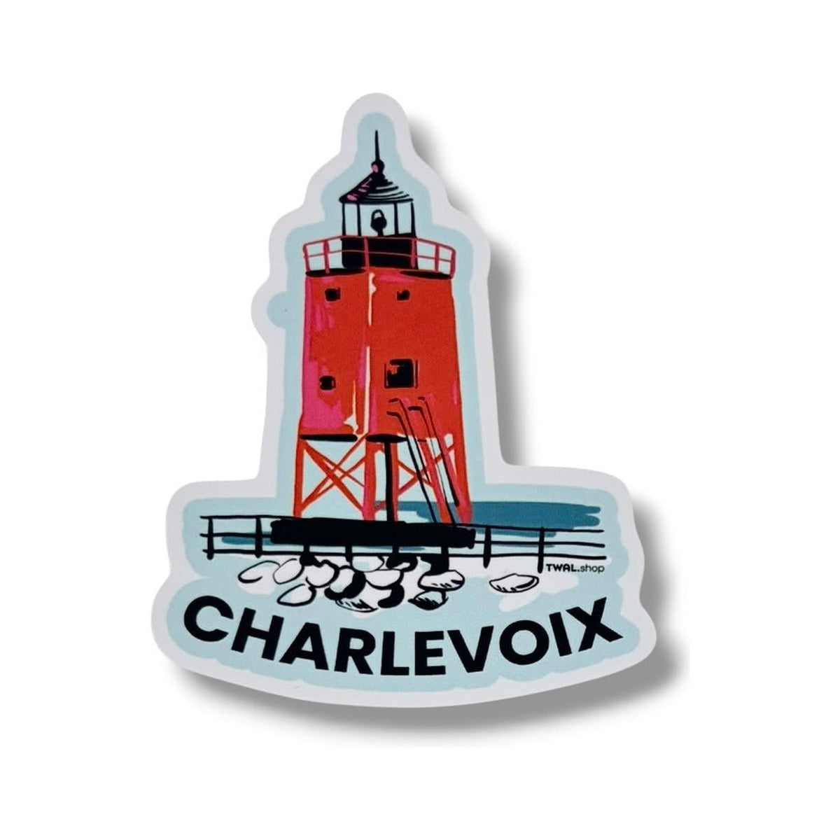 South Pier Lighthouse 3-inch vinyl sticker by TWAL: the red Charlevoix pier lighthouse on its rocks and railing, with CHARLEVOIX below, Charlevoix Pop Art Collection