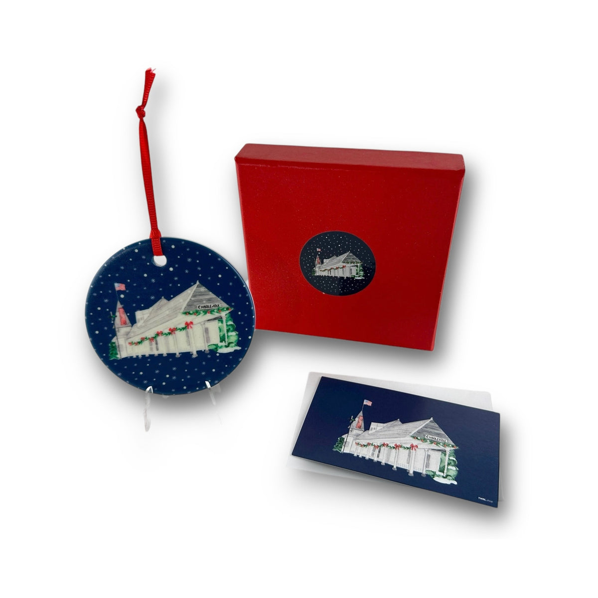 Depot Beach ceramic Christmas ornament with red ribbon, Charlevoix, Michigan, by TWAL
