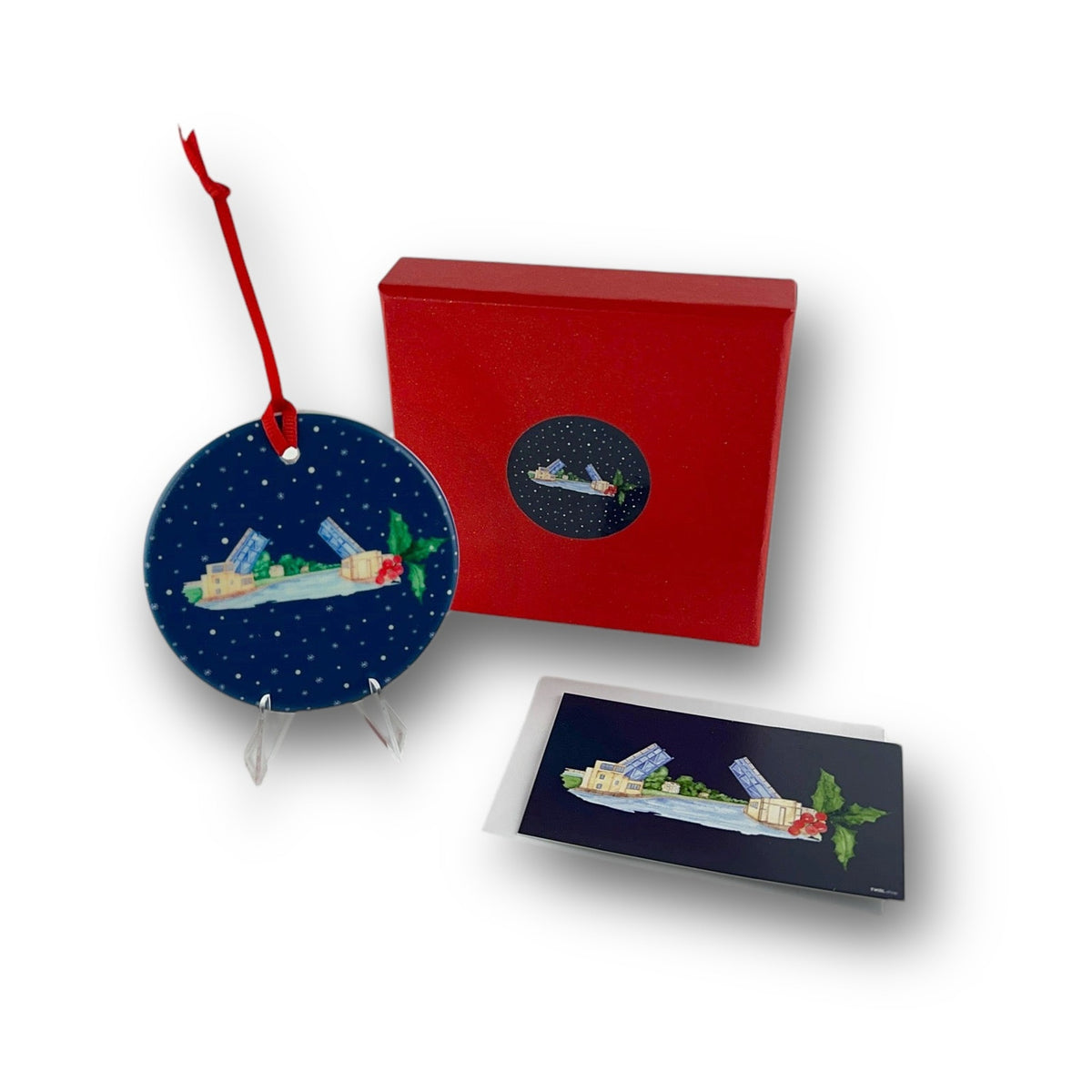 Charlevoix Drawbridge ceramic Christmas ornament with red ribbon, Charlevoix, Michigan, by TWAL