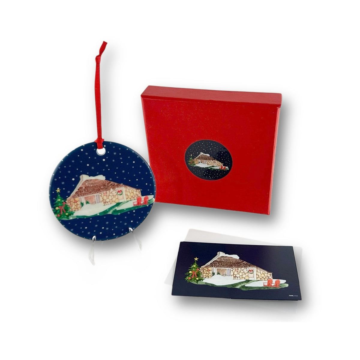 Earl Young House ceramic Christmas ornament with red ribbon, Charlevoix, Michigan, by TWAL