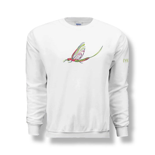 TWAL white 100% cotton adult crewneck sweatshirt featuring a colorful fish fly graphic on the chest and IYKYK sleeve text