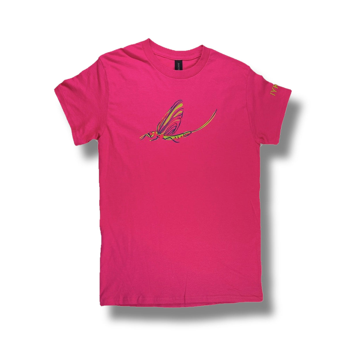 TWAL pink 100% cotton adult t-shirt featuring a colorful fish fly graphic on the chest and IYKYK sleeve text