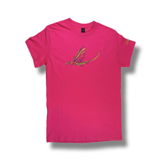 TWAL pink 100% cotton adult t-shirt featuring a colorful fish fly graphic on the chest and IYKYK sleeve text
