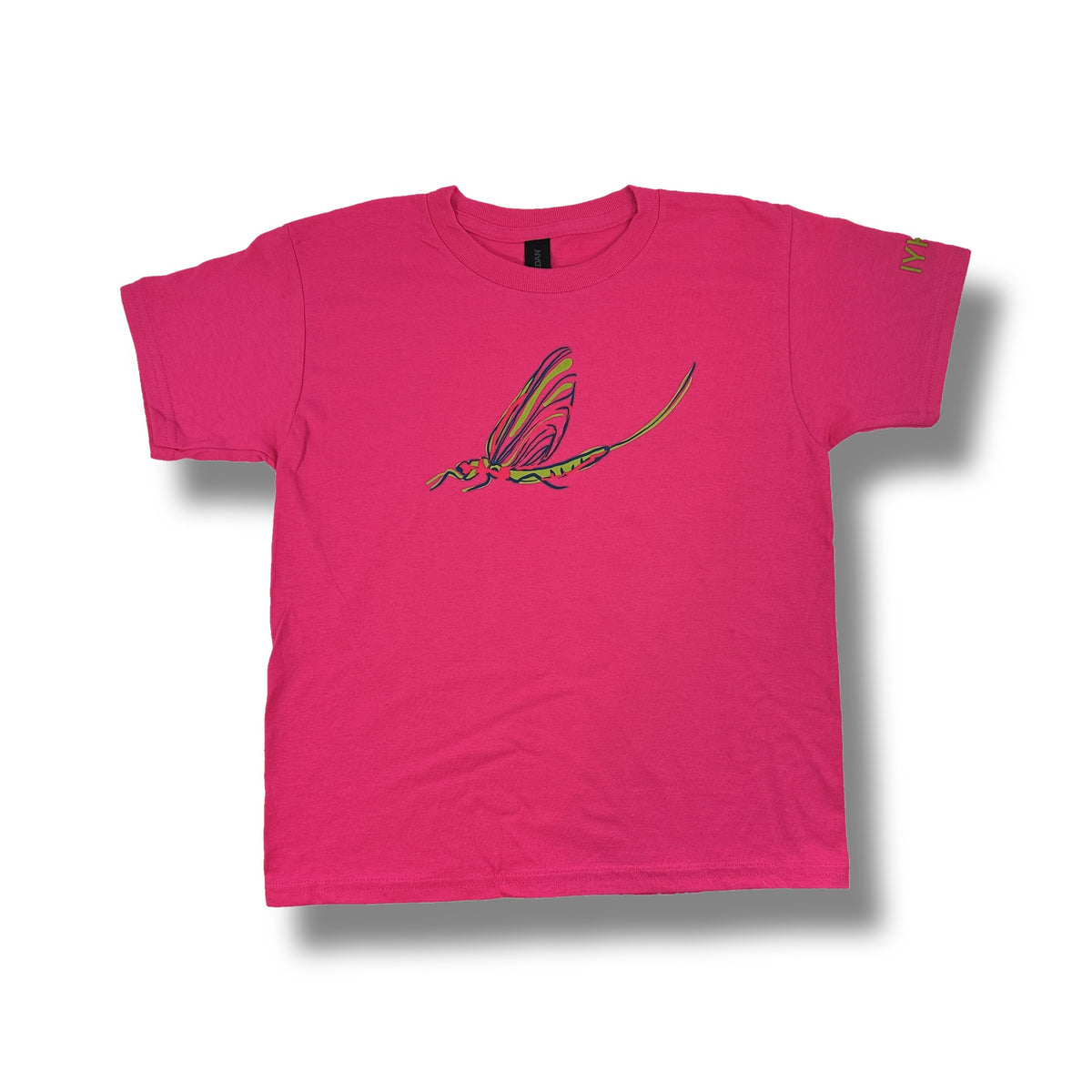 TWAL pink 100% cotton youth t-shirt featuring a colorful fish fly graphic on the chest and IYKYK sleeve text