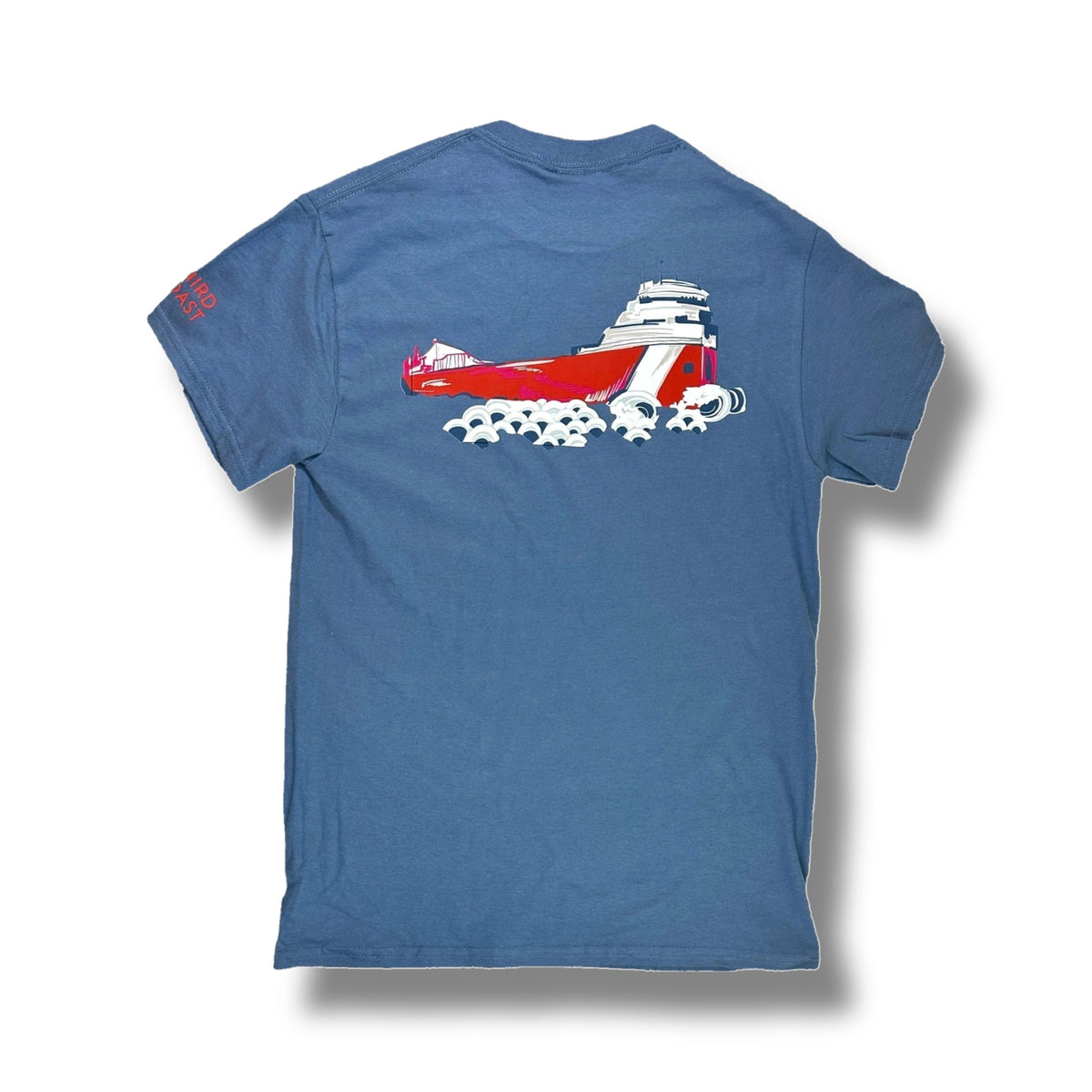 TWAL blue 100% cotton t-shirt featuring a red freighter ship graphic on the back and Third Coast text on the sleeve