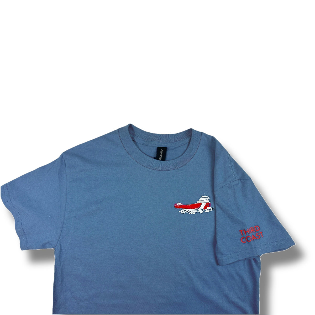 TWAL blue 100% cotton t-shirt featuring a freighter graphic on the chest and Third Coast text on the sleeve