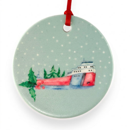 Freighter ceramic Christmas ornament close-up on white background, by TWAL