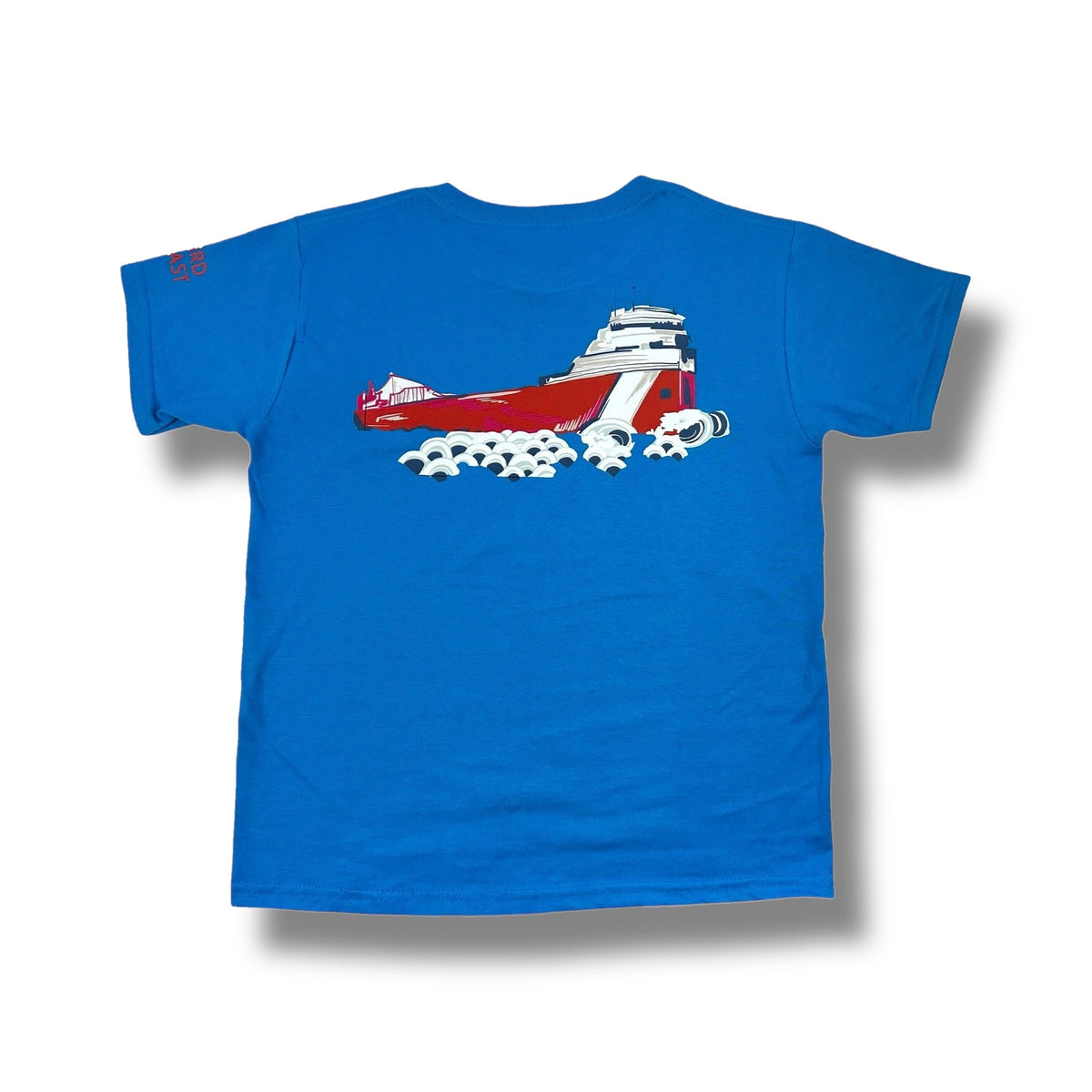 TWAL blue 100% cotton youth t-shirt featuring a red freighter ship graphic on the back and Third Coast text on the sleeve