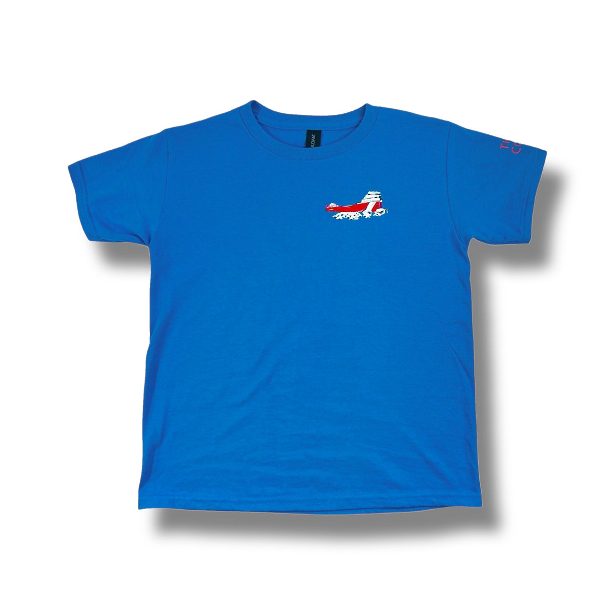 TWAL blue 100% cotton youth t-shirt featuring a small freighter graphic on the chest and Third Coast sleeve detail
