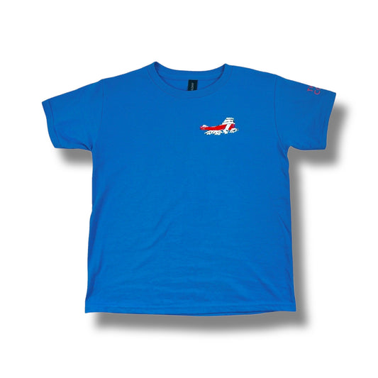 TWAL blue 100% cotton youth t-shirt featuring a small freighter graphic on the chest and Third Coast sleeve detail