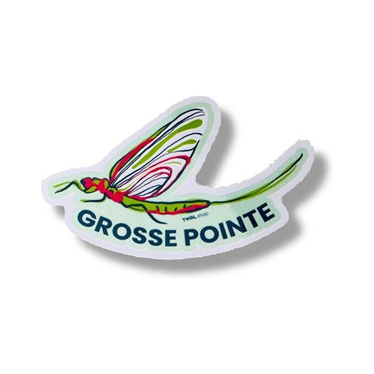 Fish Fly 3-inch vinyl sticker from the Grosse Pointe Pop Art Collection: a hand-drawn mayfly with pink, green and navy wings on a mint background, with GROSSE POINTE in navy below
