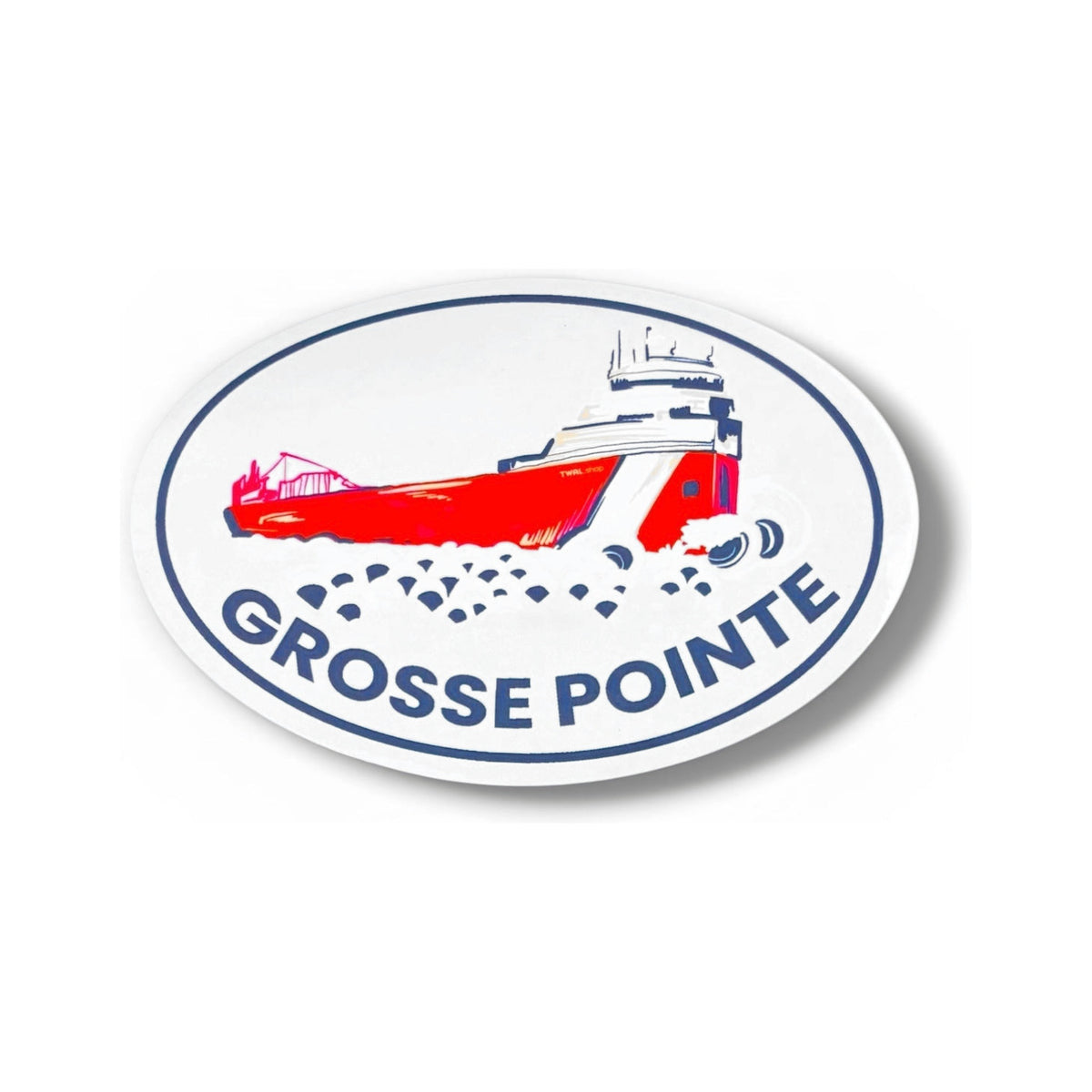 Freighter 5-inch oval vinyl sticker by TWAL: a red and white Great Lakes freighter on navy and white waves inside a navy oval, with GROSSE POINTE below, Grosse Pointe Pop Art Collection