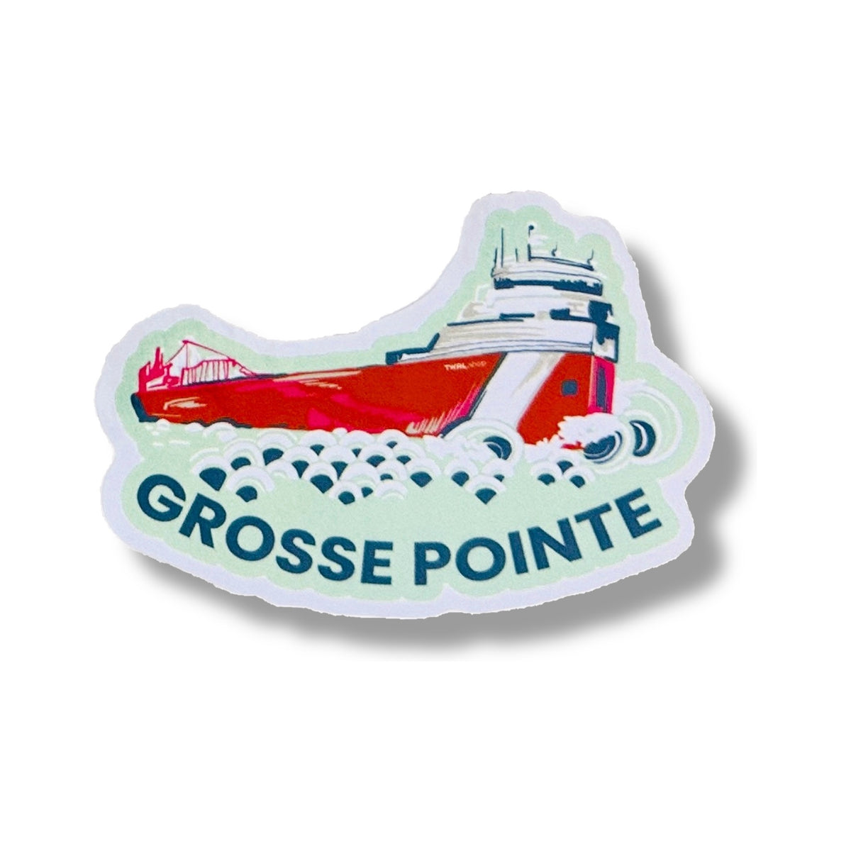 Freighter 3-inch vinyl sticker from the Grosse Pointe Pop Art Collection: a red and white Great Lakes freighter riding navy and white waves on a mint background, with GROSSE POINTE in navy below