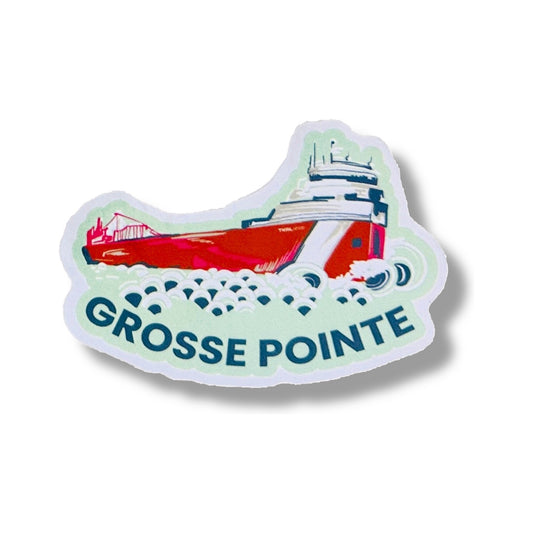 Freighter 3-inch vinyl sticker from the Grosse Pointe Pop Art Collection: a red and white Great Lakes freighter riding navy and white waves on a mint background, with GROSSE POINTE in navy below