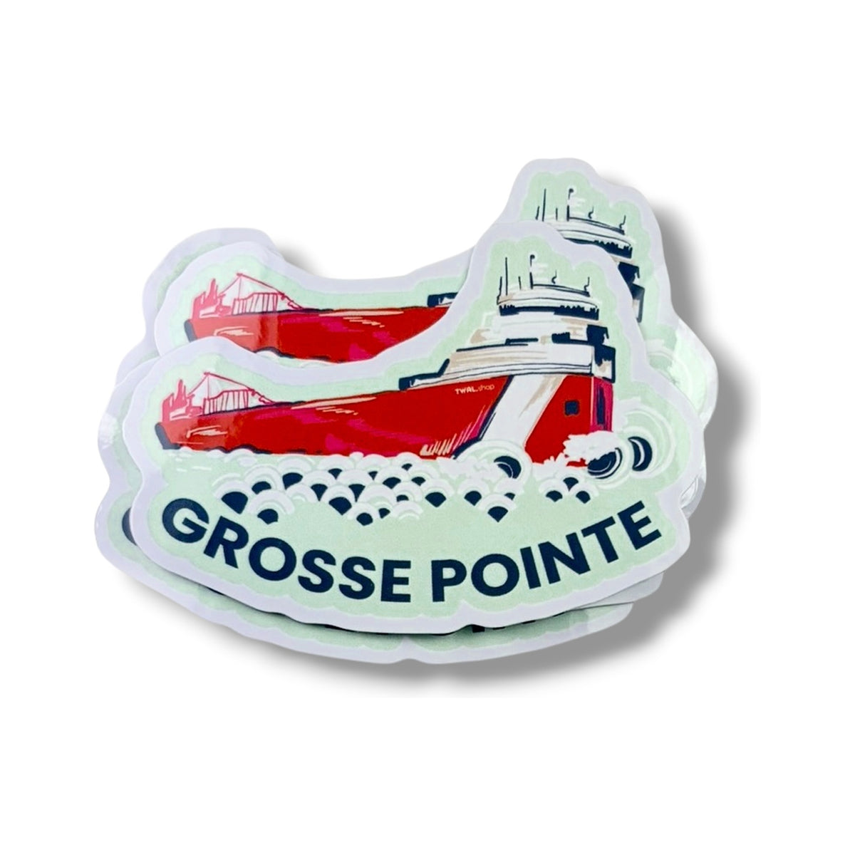 A stack of Freighter 3-inch vinyl stickers from the Grosse Pointe Pop Art Collection, showing the layered die-cut edges