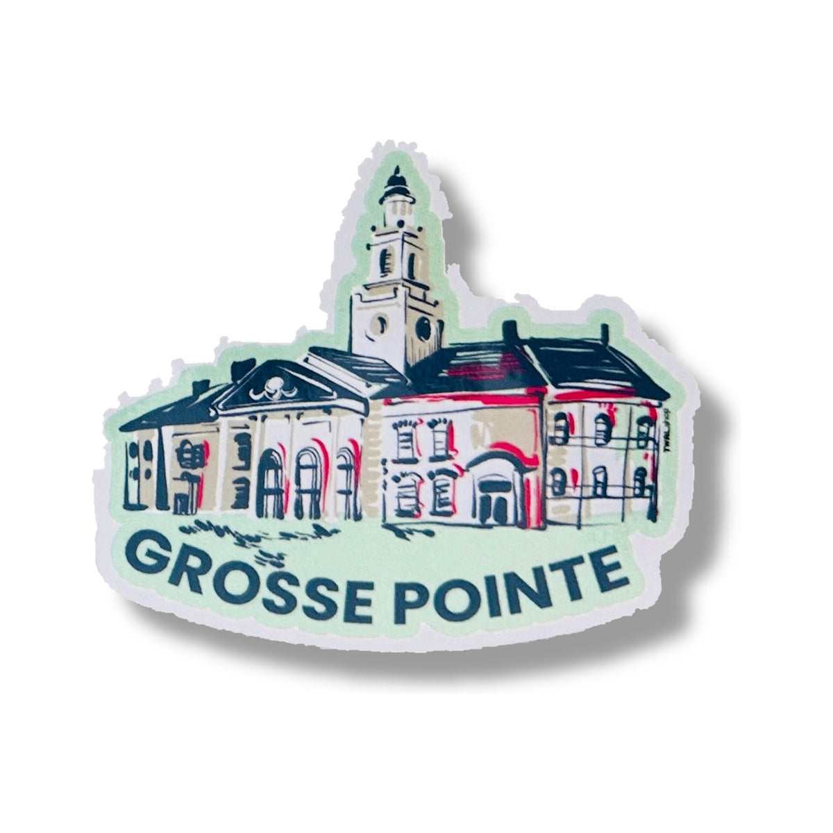 Grosse Pointe South 3-inch vinyl sticker from the Grosse Pointe Pop Art Collection: the high school's brick building and clock tower drawn in navy and pink on a mint background, with GROSSE POINTE in navy below