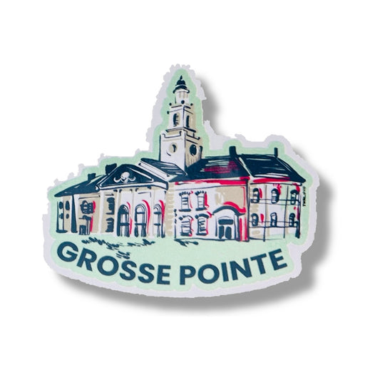 Grosse Pointe South 3-inch vinyl sticker from the Grosse Pointe Pop Art Collection: the high school's brick building and clock tower drawn in navy and pink on a mint background, with GROSSE POINTE in navy below