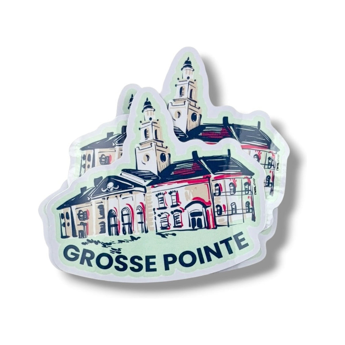 A stack of Grosse Pointe South 3-inch vinyl stickers from the Grosse Pointe Pop Art Collection, showing the layered die-cut edges