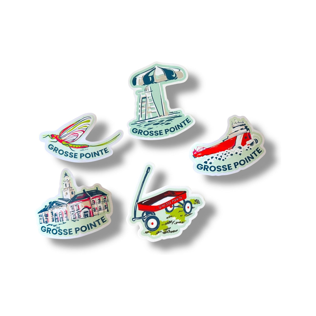 Five Grosse Pointe Pop Art 3-inch vinyl stickers together on white: Fish Fly, Lifeguard Umbrella, Freighter, Grosse Pointe South and Wagon
