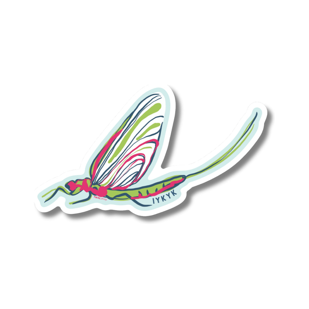 Fish Fly 3-inch vinyl sticker by TWAL: a green, pink and white fish fly with IYKYK, Great Lakes Pop Art Collection