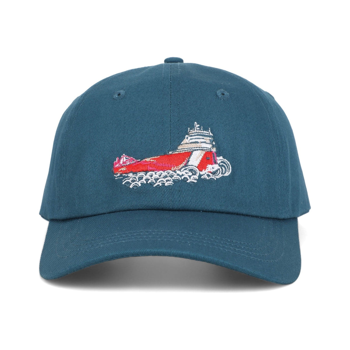 Front of the Freighter regular fit cotton baseball cap by TWAL in Great Lakes Blue, with the embroidered Freighter design, Great Lakes Pop Art Collection