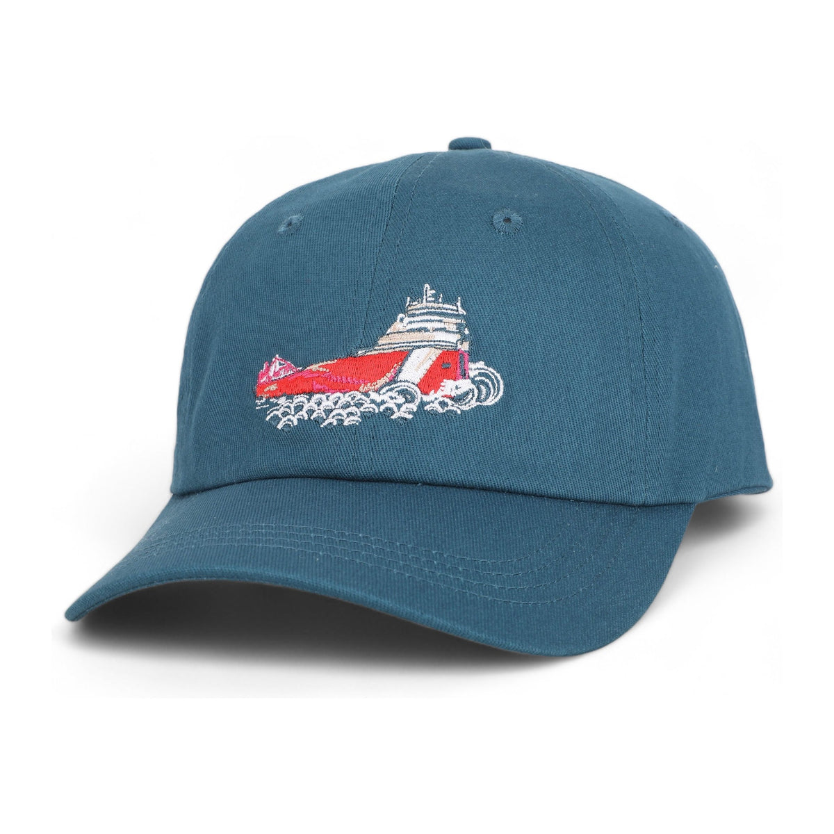 Angled front view of the Freighter regular fit cotton baseball cap by TWAL in Great Lakes Blue, with the embroidered Freighter design