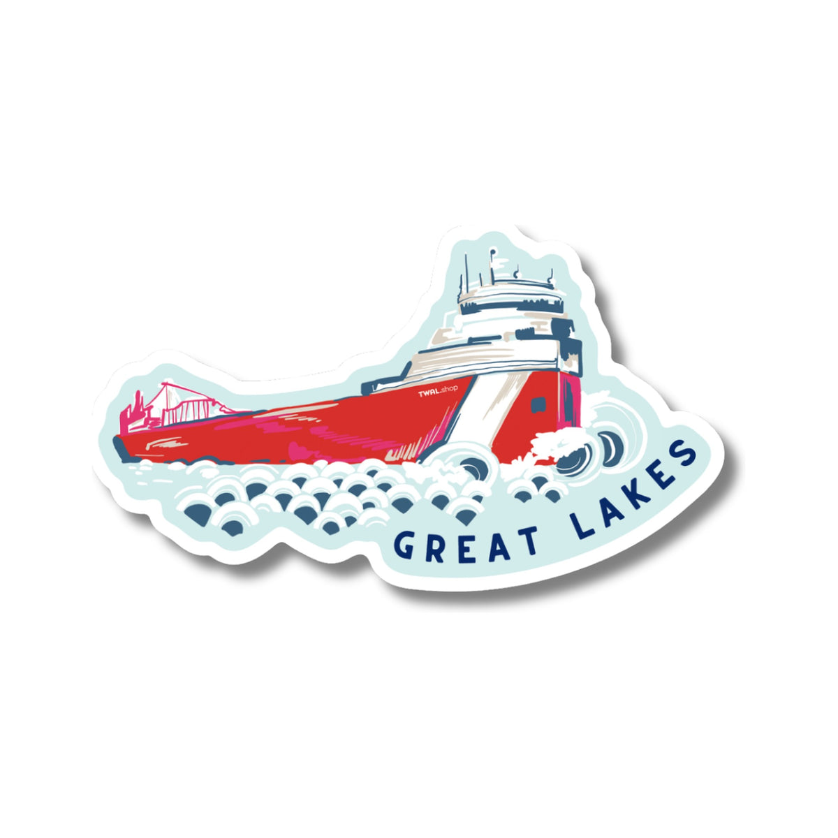 Freighter 3-inch vinyl sticker by TWAL: a red Great Lakes freighter on the waves, with GREAT LAKES, Great Lakes Pop Art Collection