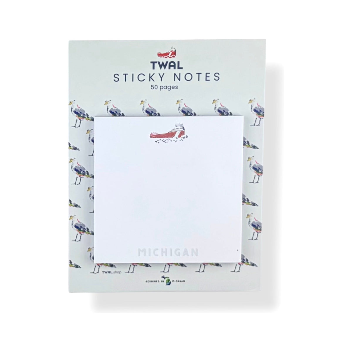 Freighter sticky note pad by TWAL on its seagull-print backing card, Great Lakes Pop Art Collection