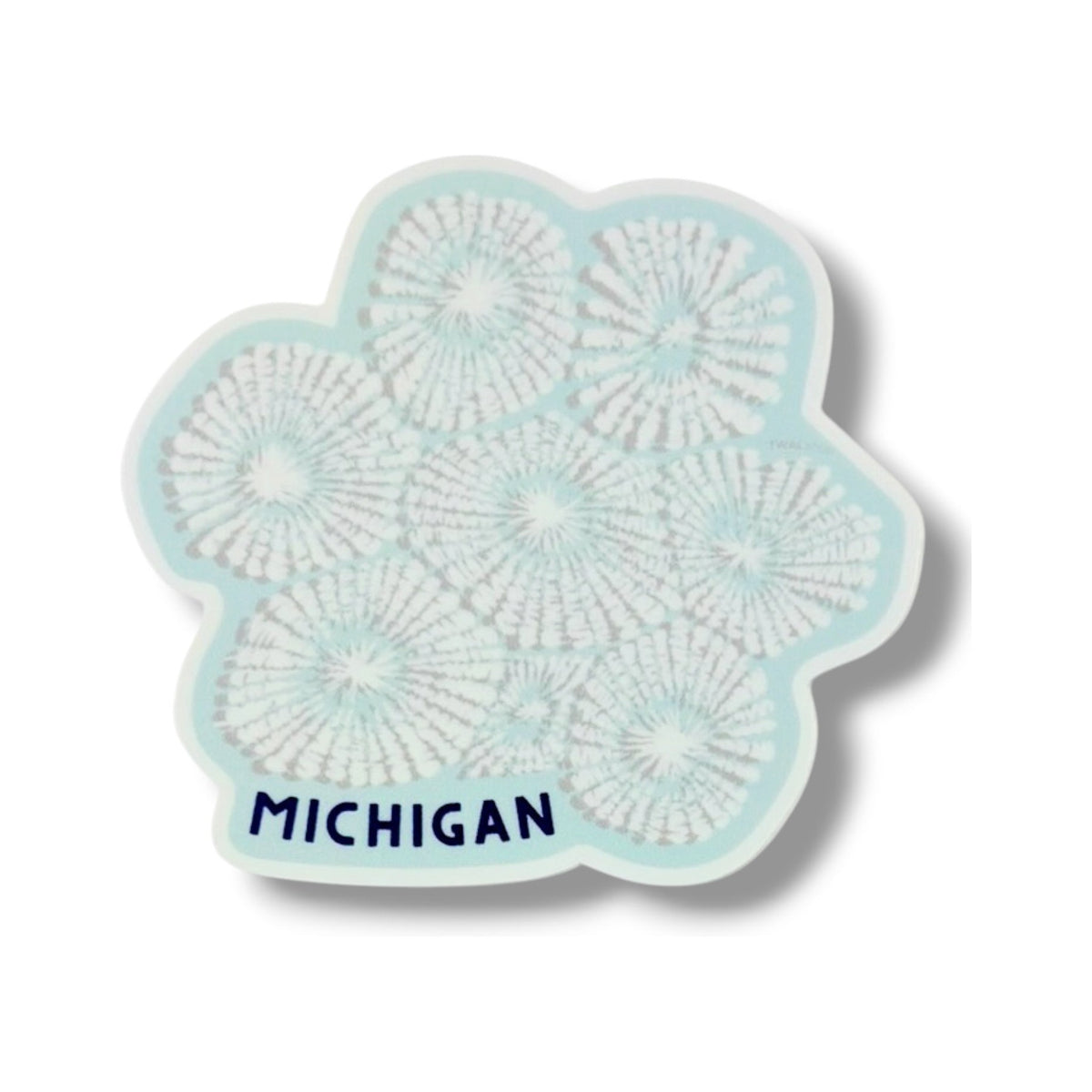 Petoskey Stone 3-inch vinyl sticker by TWAL: the stone's white six-sided coral pattern on light mint, with MICHIGAN, Great Lakes Pop Art Collection