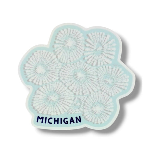Petoskey Stone 3-inch vinyl sticker by TWAL: the stone's white six-sided coral pattern on light mint, with MICHIGAN, Great Lakes Pop Art Collection