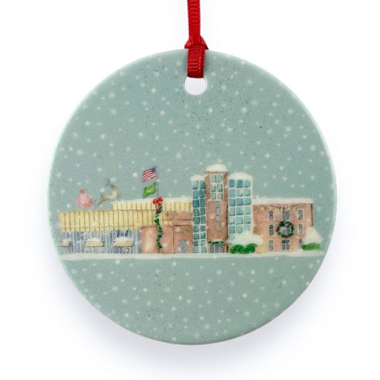 Grosse Pointe North ceramic Christmas ornament close-up on white background, by TWAL