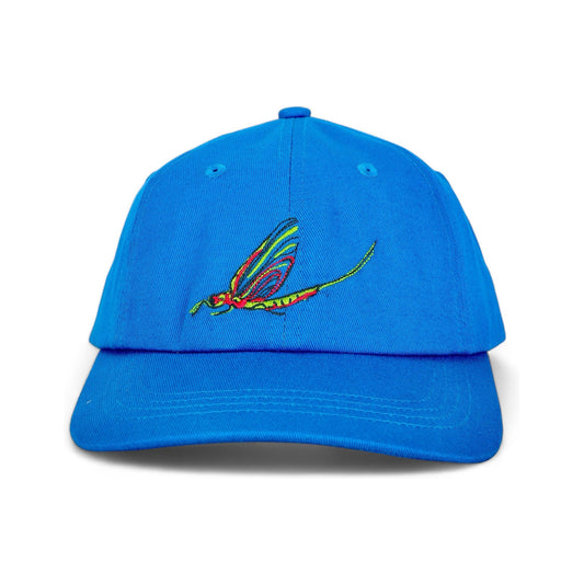 Front of the Fish Fly petite fit cotton baseball cap by TWAL in Parks' Pool Blue, with the embroidered Fish Fly design, Grosse Pointe Pop Art Collection