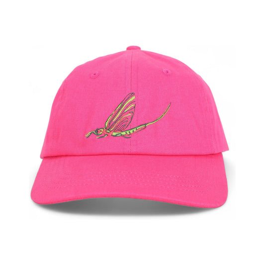 Front of the Fish Fly petite fit cotton baseball cap by TWAL in Sign of the Mermaid Pink, with the embroidered Fish Fly design, Grosse Pointe Pop Art Collection