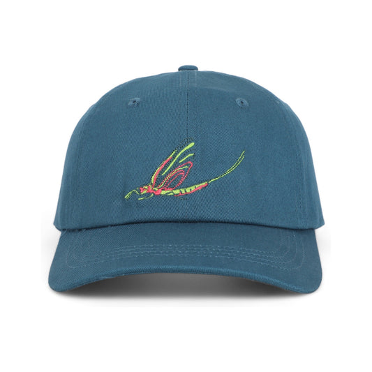Front of the Fish Fly regular fit cotton baseball cap by TWAL in Great Lakes Blue, with the embroidered Fish Fly design, Grosse Pointe Pop Art Collection