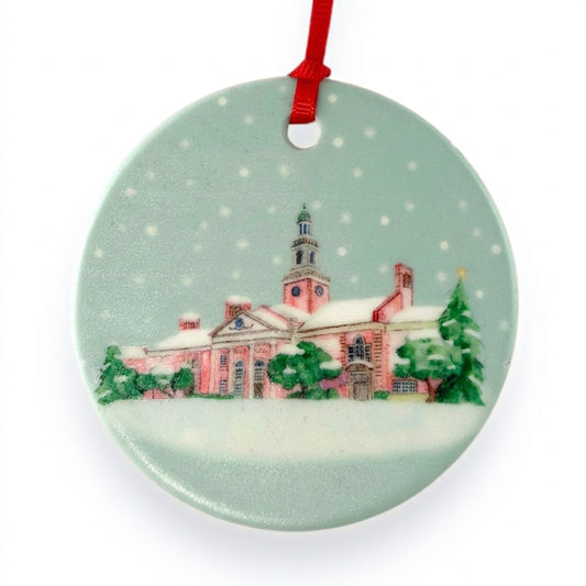 Grosse Pointe South ceramic Christmas ornament close-up on white background, by TWAL
