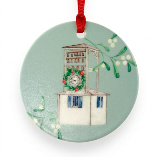 Joy Bells ceramic Christmas ornament close-up on white background, by TWAL