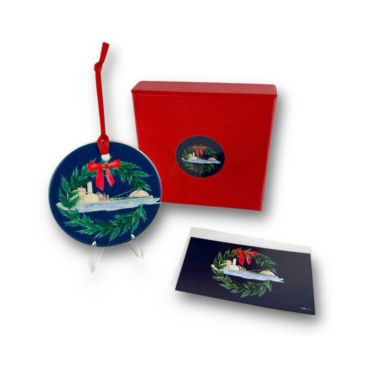 Medusa Cement Plant ceramic Christmas ornament with red ribbon, Charlevoix, Michigan, by TWAL