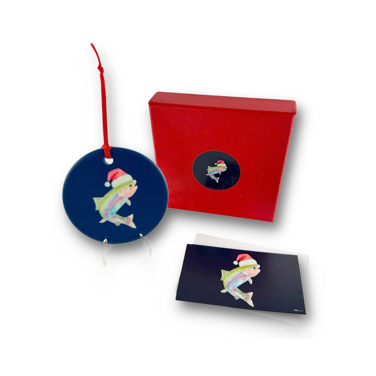 Rainbow Trout ceramic Christmas ornament with red ribbon, Charlevoix, Michigan, by TWAL