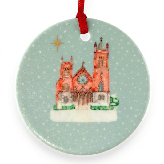 St. Paul on the Lake ceramic Christmas ornament close-up on white background, by TWAL